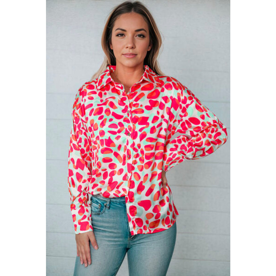 Printed Button Up Dropped Shoulder Shirt Red Orange / S Apparel and Accessories