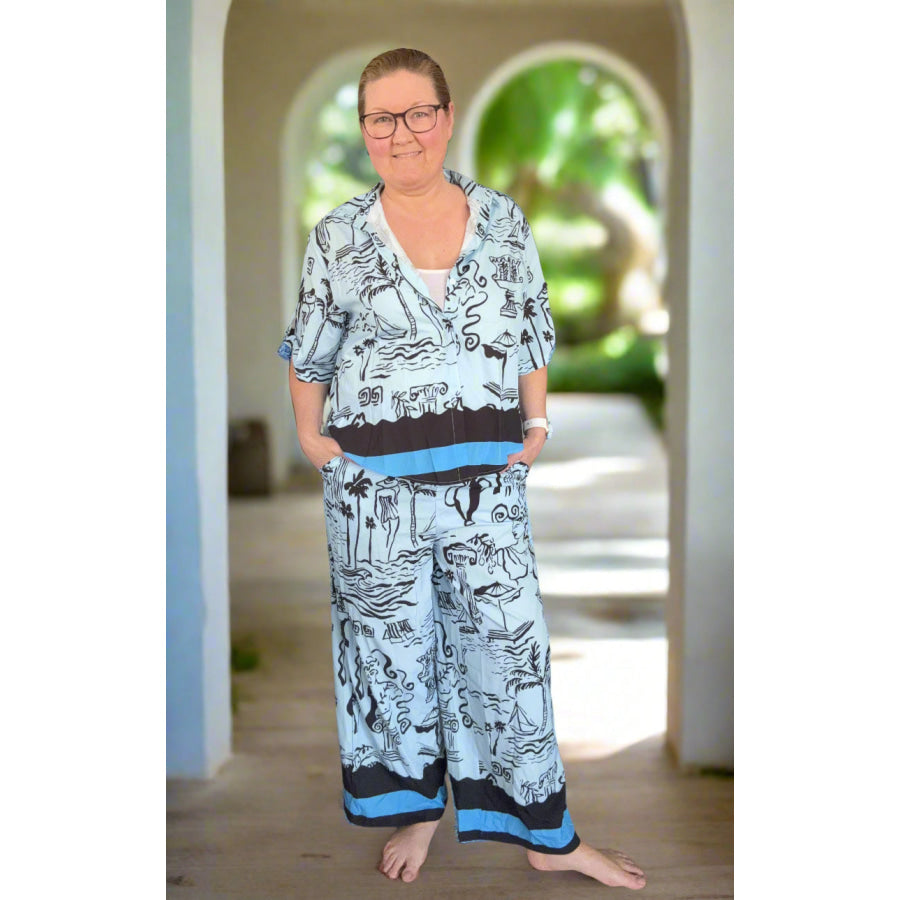 Printed Button Up Shirt and Pants Set Plus Size Apparel and Accessories