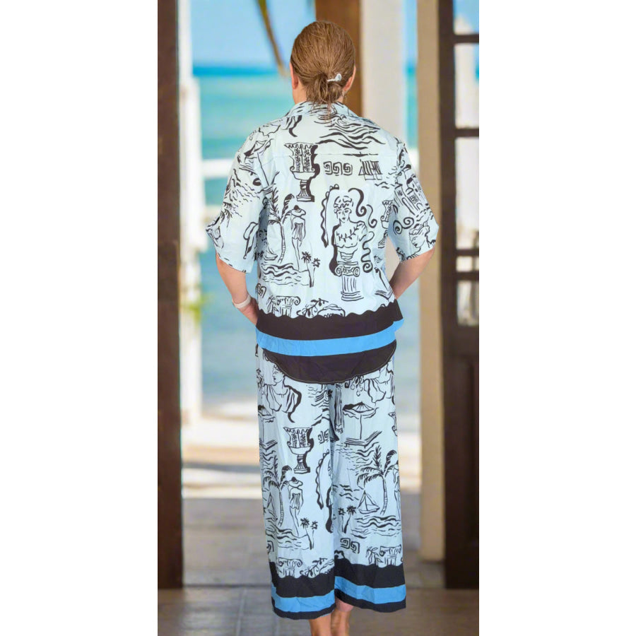 Printed Button Up Shirt and Pants Set Plus Size Apparel and Accessories