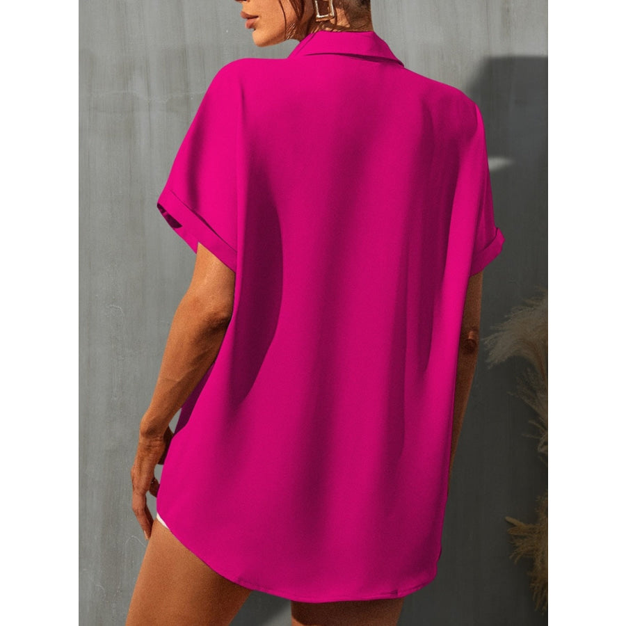 Printed Button Up Short Sleeve Shirt Deep Rose / S Apparel and Accessories
