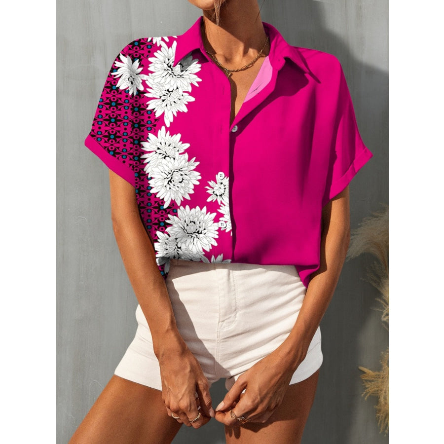 Printed Button Up Short Sleeve Shirt Deep Rose / S Apparel and Accessories