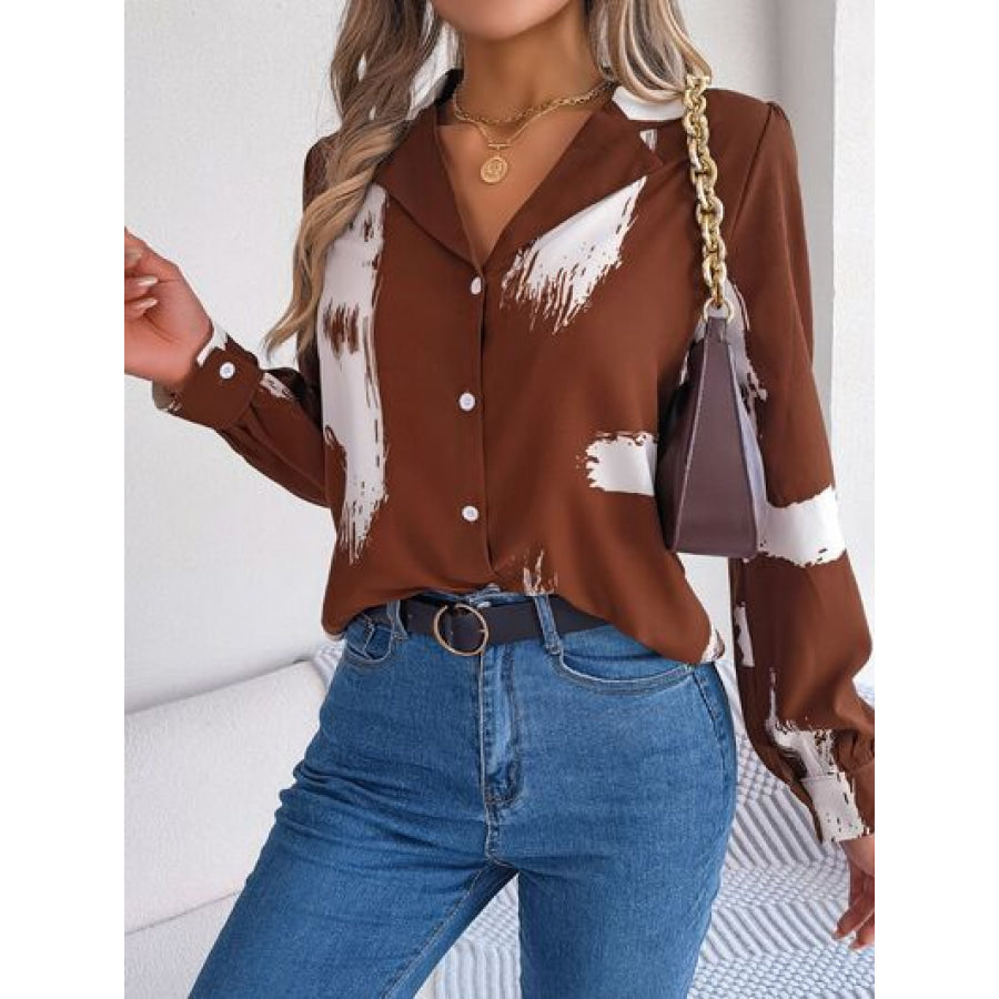 Printed Collared Neck Button Up Shirt Apparel and Accessories