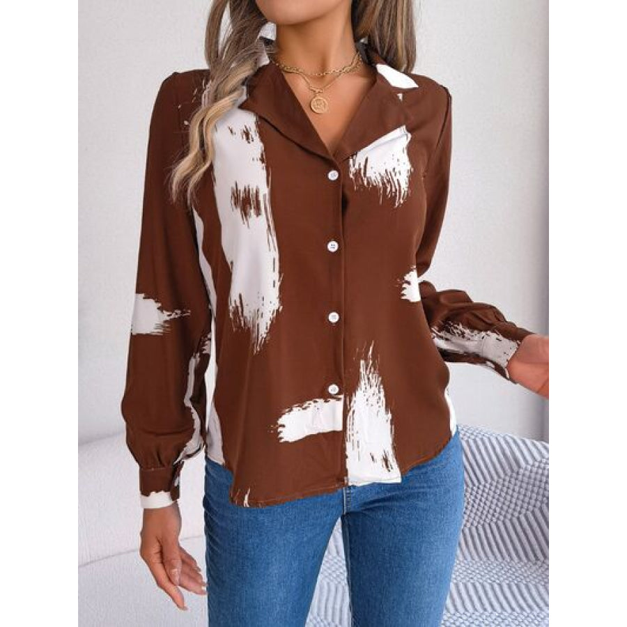 Printed Collared Neck Button Up Shirt Chestnut / S Apparel and Accessories