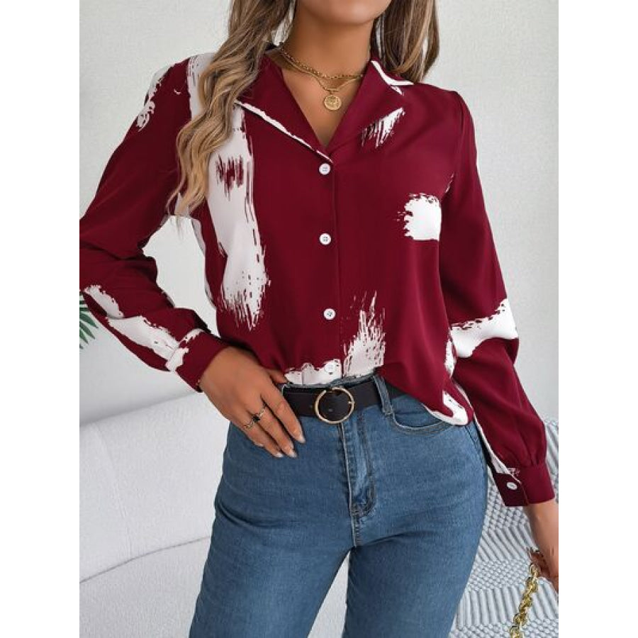 Printed Collared Neck Button Up Shirt Wine / S Apparel and Accessories