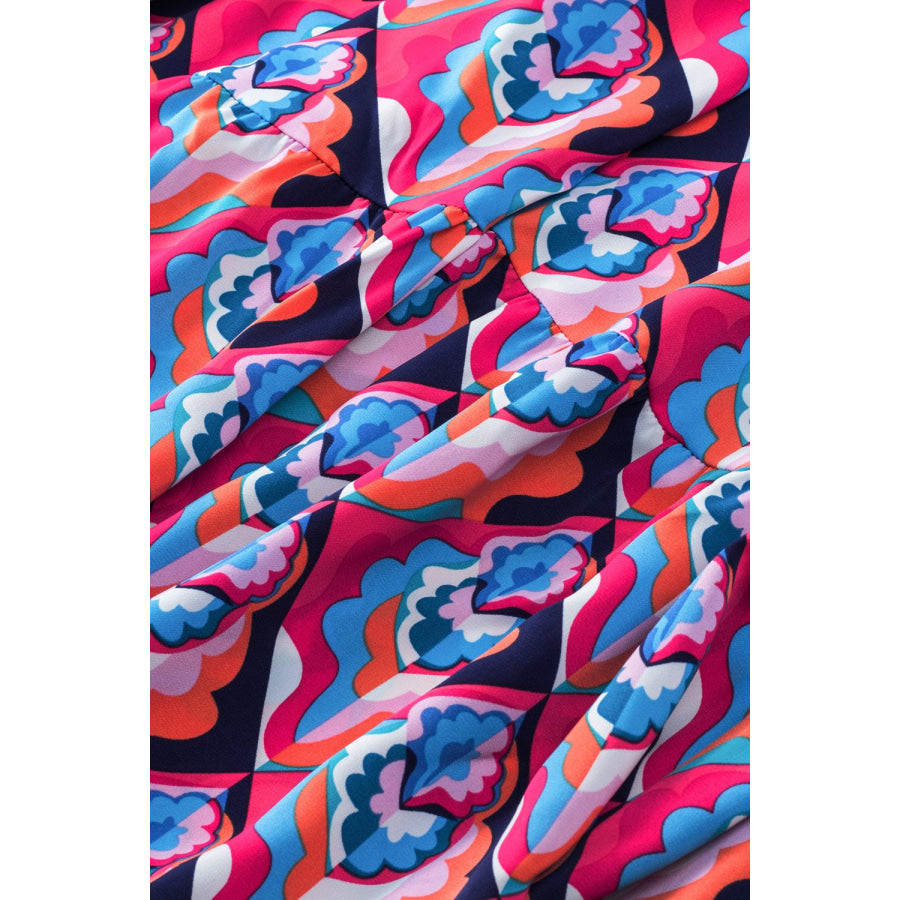 Printed Collared Neck Long Sleeve Midi Dress Apparel and Accessories