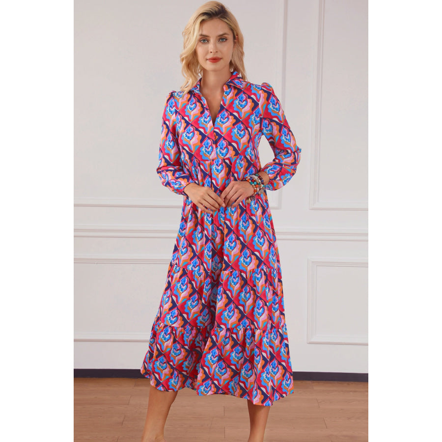 Printed Collared Neck Long Sleeve Midi Dress Apparel and Accessories