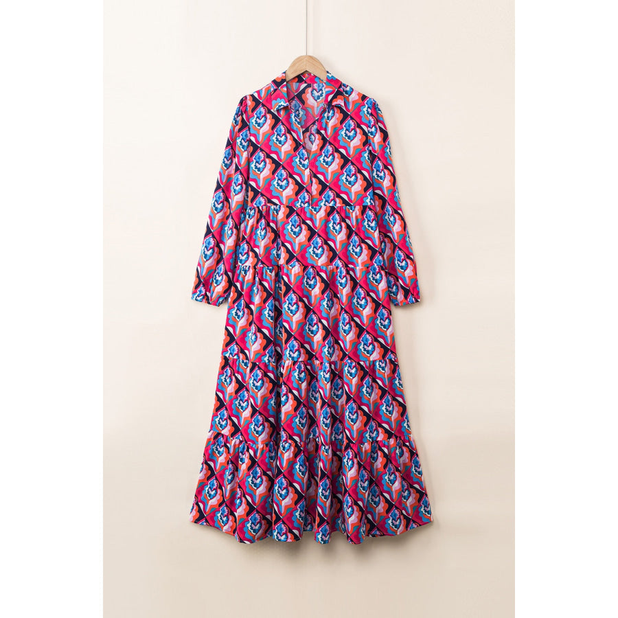Printed Collared Neck Long Sleeve Midi Dress Apparel and Accessories