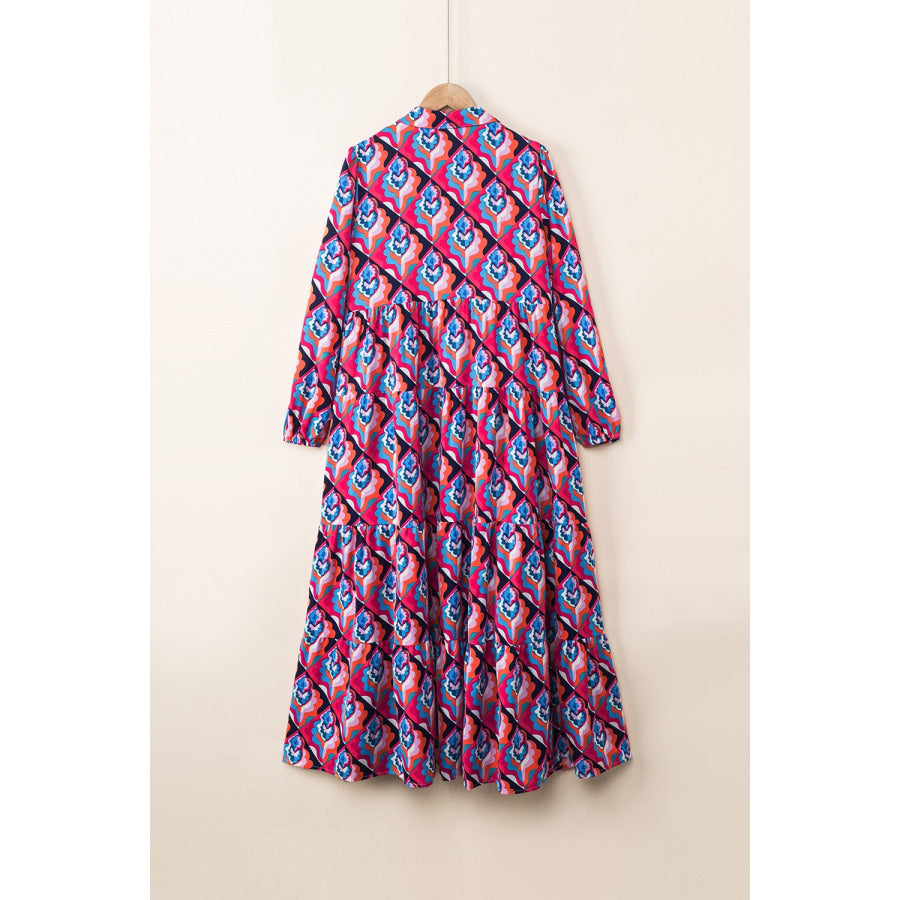 Printed Collared Neck Long Sleeve Midi Dress Apparel and Accessories