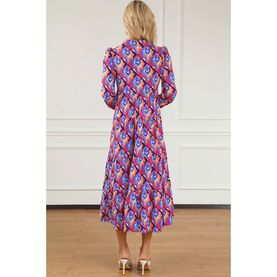 Printed Collared Neck Long Sleeve Midi Dress Apparel and Accessories