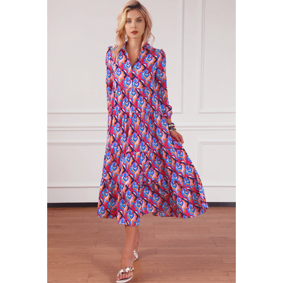 Printed Collared Neck Long Sleeve Midi Dress Apparel and Accessories