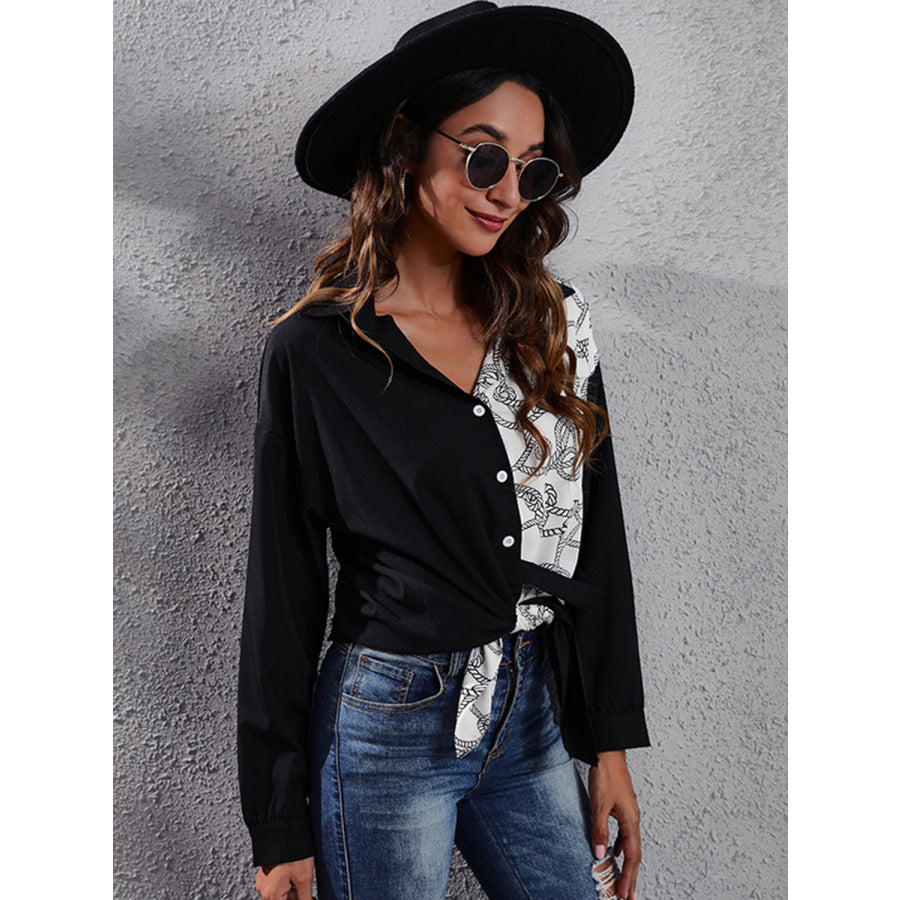 Printed Collared Neck Long Sleeve Shirt Apparel and Accessories