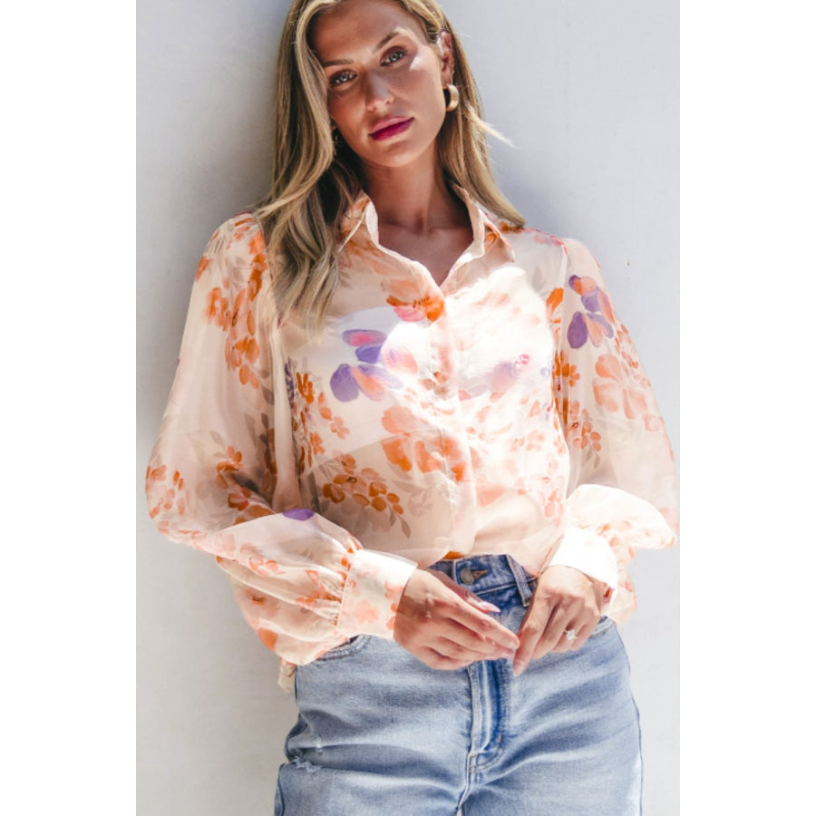Printed Collared Neck Long Sleeve Shirt Sherbet / S Apparel and Accessories
