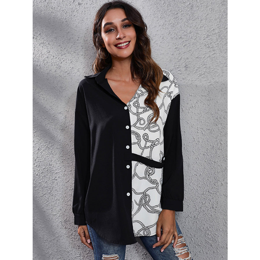 Printed Collared Neck Long Sleeve Shirt Apparel and Accessories
