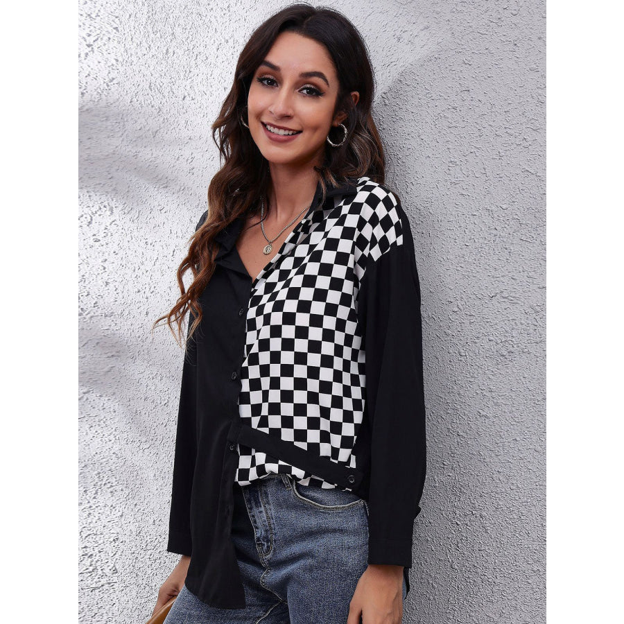 Printed Collared Neck Long Sleeve Shirt Black/White / S Apparel and Accessories