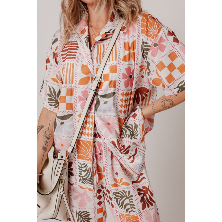 Printed Collared Neck Shirt and Wide Leg Pants Set Pale Blush / S Apparel and Accessories