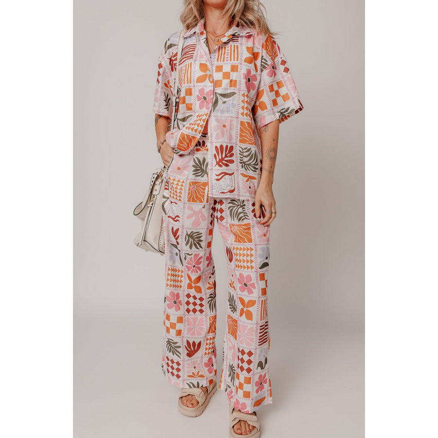 Printed Collared Neck Shirt and Wide Leg Pants Set Apparel and Accessories