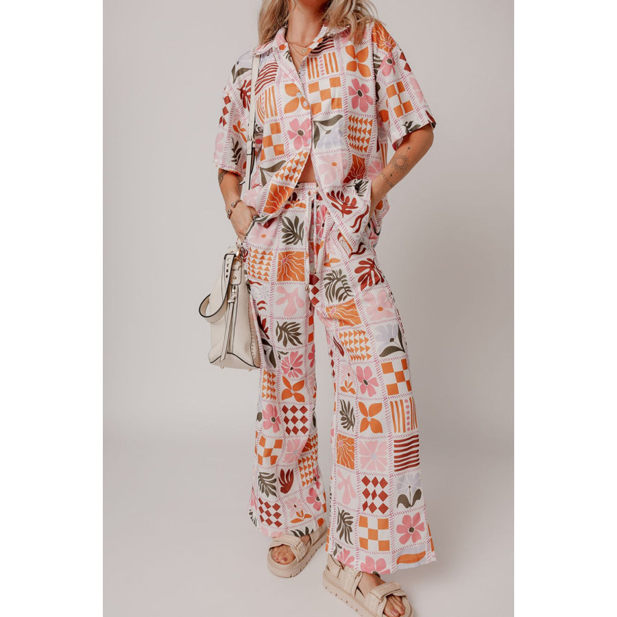 Printed Collared Neck Shirt and Wide Leg Pants Set Apparel and Accessories