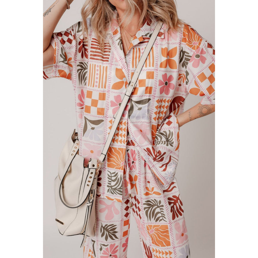 Printed Collared Neck Shirt and Wide Leg Pants Set Apparel and Accessories