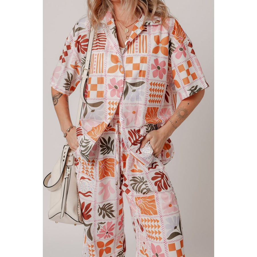 Printed Collared Neck Shirt and Wide Leg Pants Set Pale Blush / S Apparel and Accessories