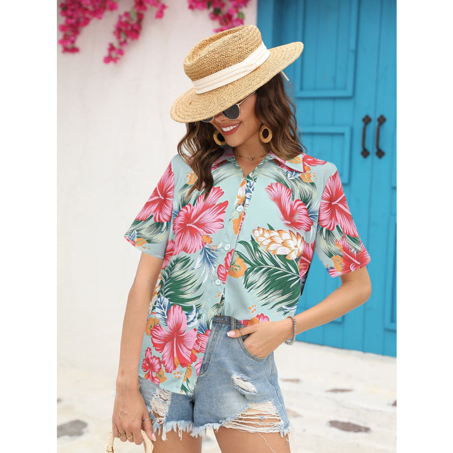 Printed Collared Neck Short Sleeve Shirt Apparel and Accessories