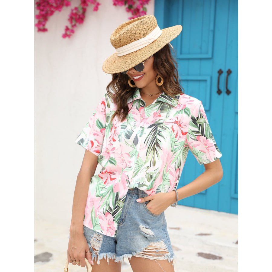 Printed Collared Neck Short Sleeve Shirt Apparel and Accessories