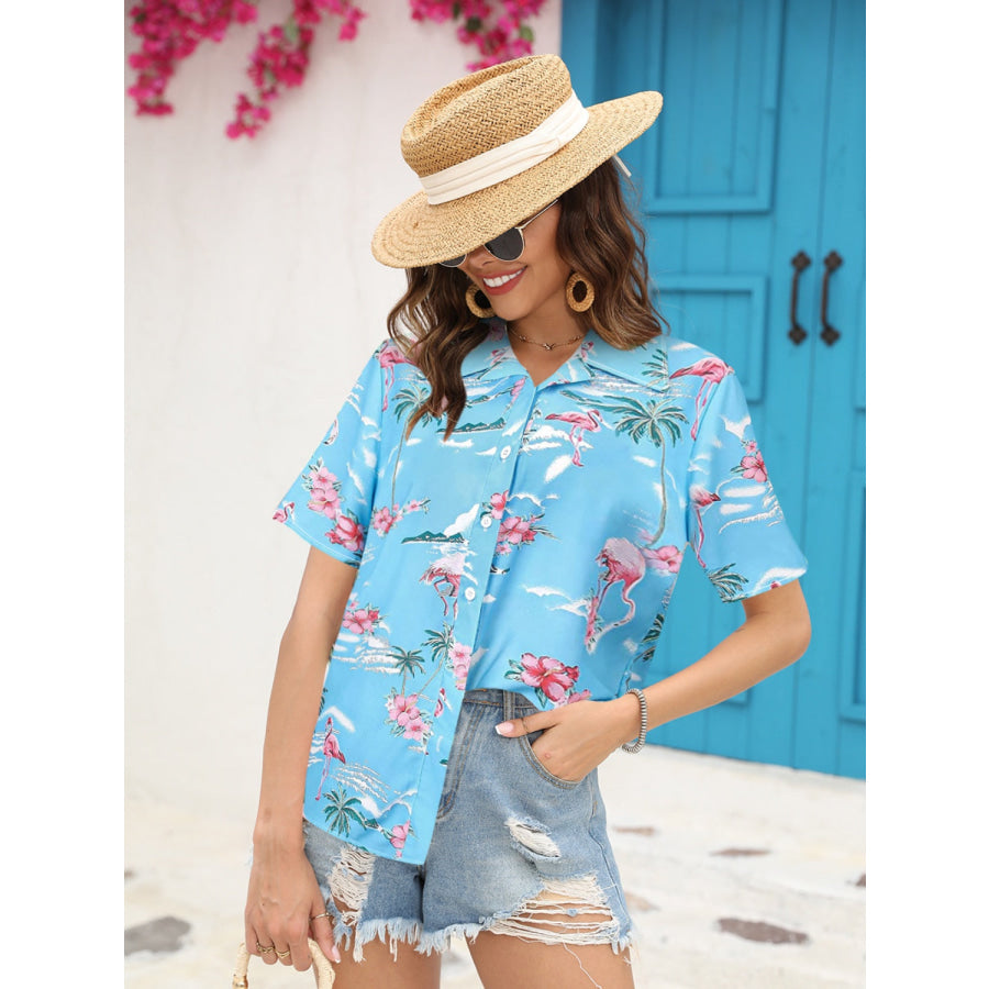 Printed Collared Neck Short Sleeve Shirt Apparel and Accessories