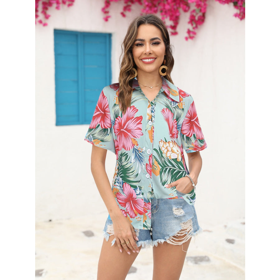 Printed Collared Neck Short Sleeve Shirt Deep Rose / S Apparel and Accessories