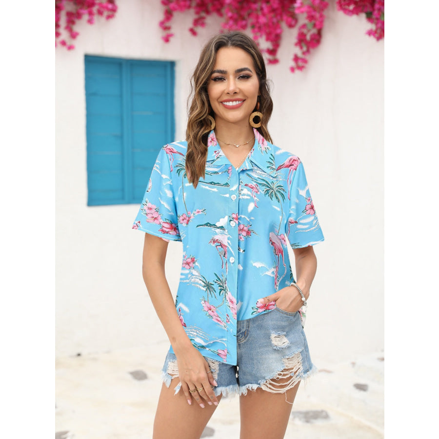 Printed Collared Neck Short Sleeve Shirt Sky Blue / S Apparel and Accessories