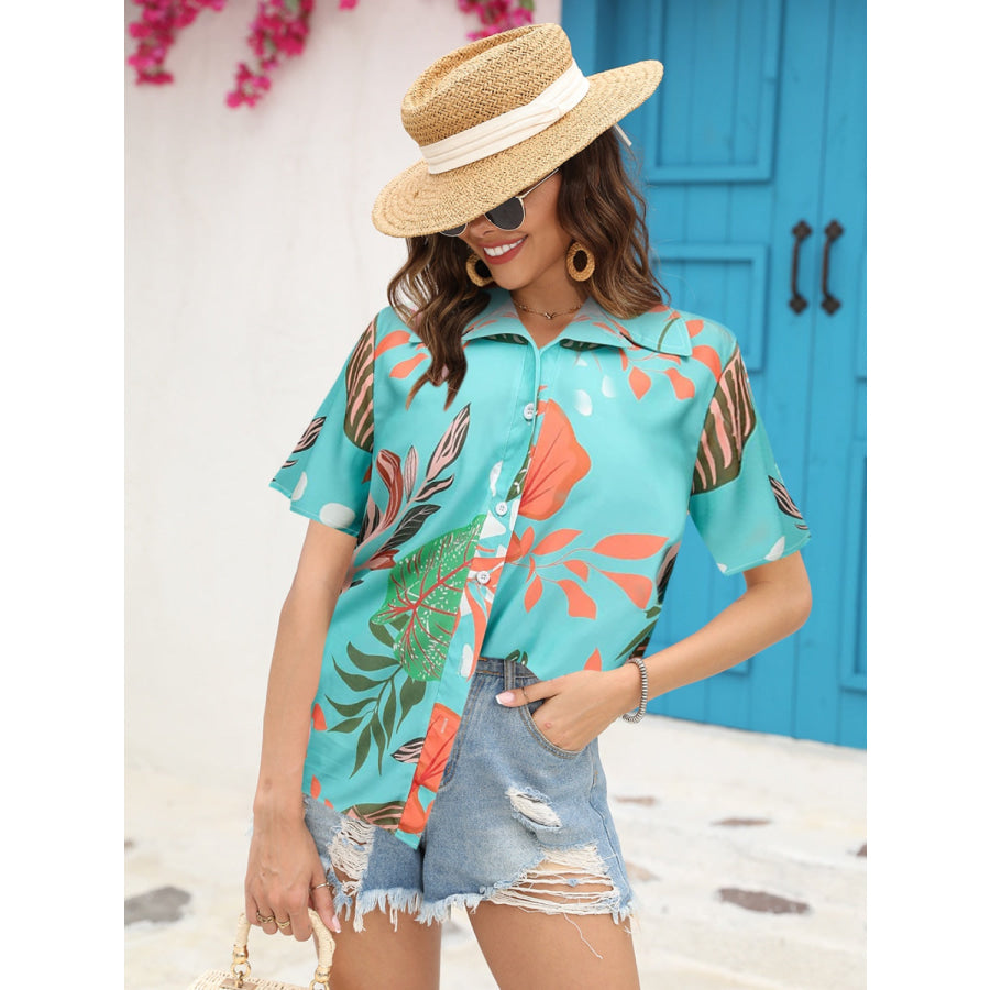 Printed Collared Neck Short Sleeve Shirt Turquoise / S Apparel and Accessories