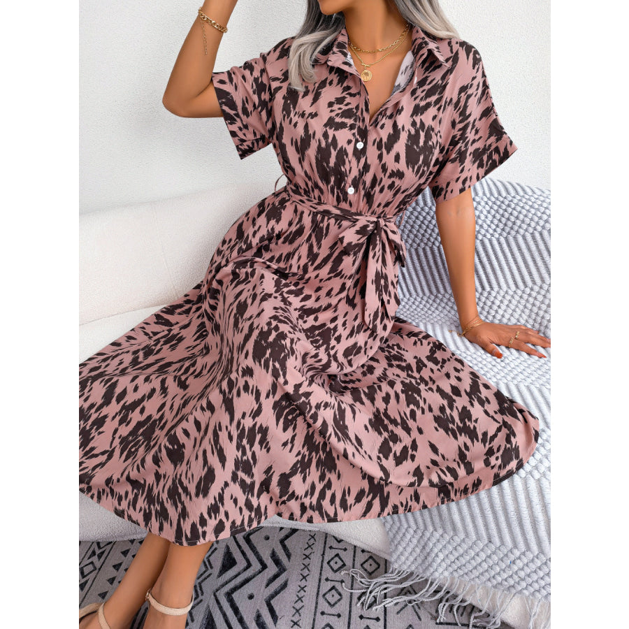 Printed Collared Neck Short Sleeve Tie Waist Dress Dusty Pink / S