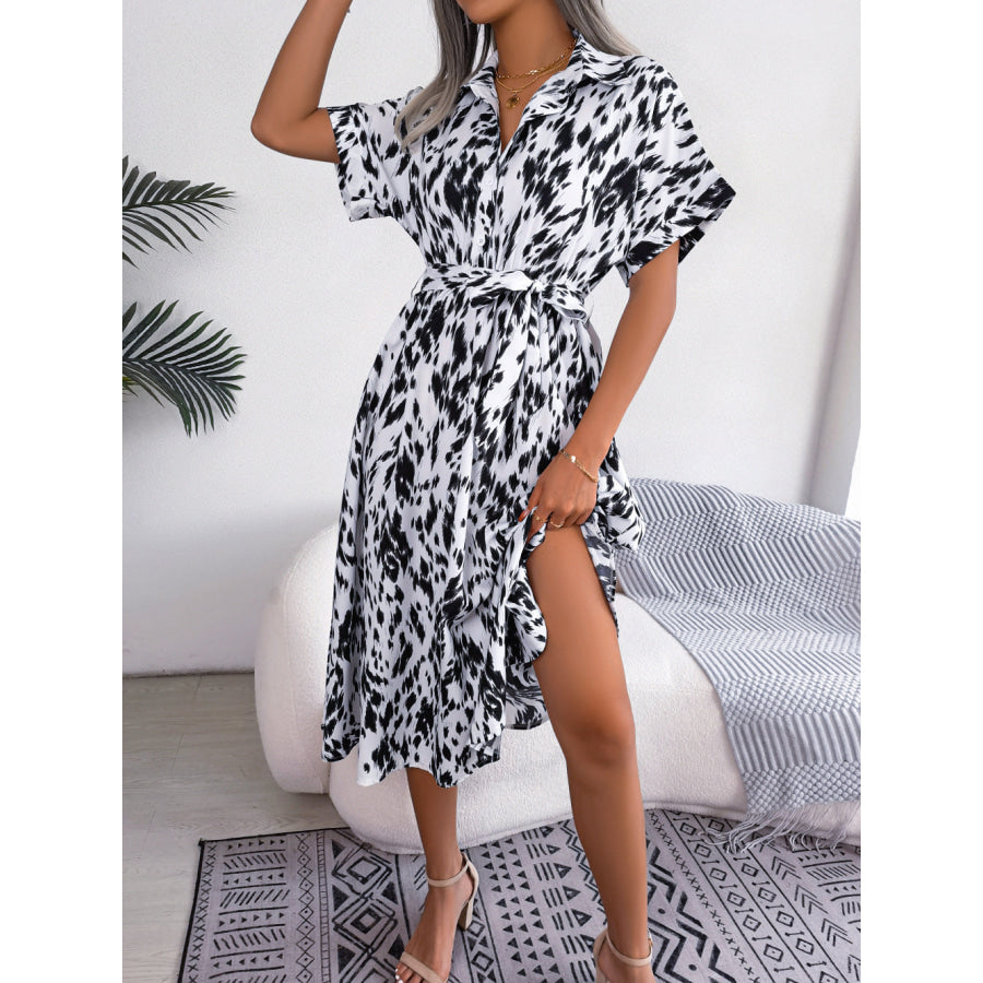 Printed Collared Neck Short Sleeve Tie Waist Dress
