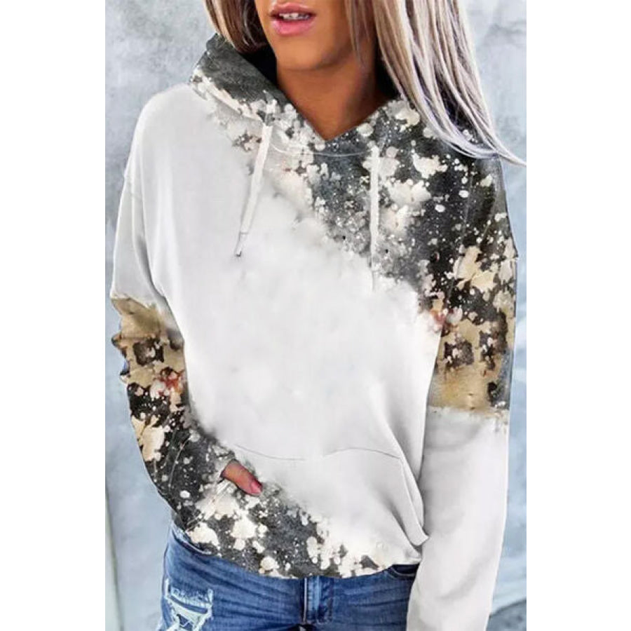 Printed Drawstring Kangaroo Pocket Hoodie Light Gray / S Apparel and Accessories