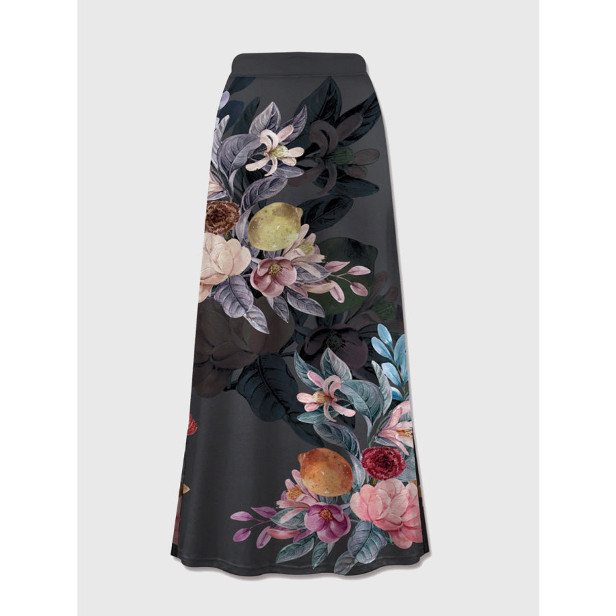 Printed Elastic Waist Midi Skirt Black / S Apparel and Accessories