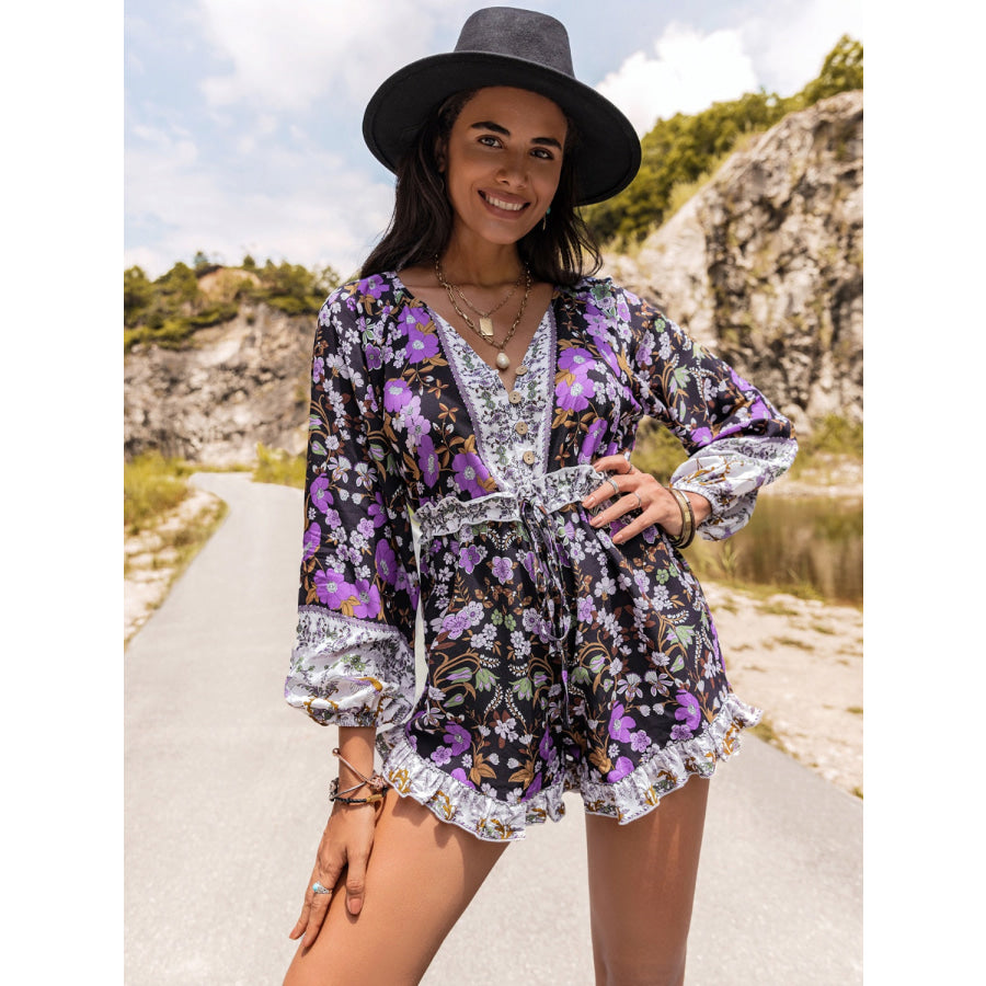 Printed Frill Half Button Balloon Sleeve Romper Apparel and Accessories