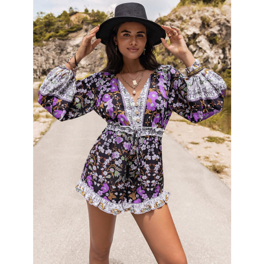 Printed Frill Half Button Balloon Sleeve Romper Dusty Purple / S Apparel and Accessories