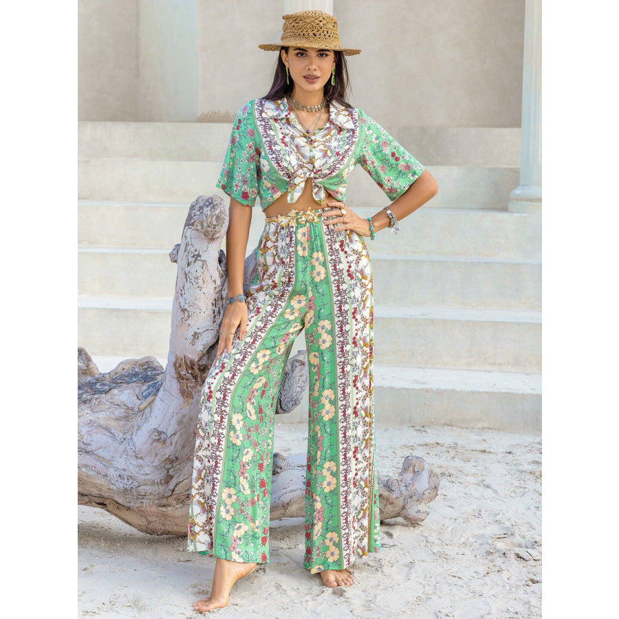 Printed Half Sleeve Top and Wide Leg Pants Set Apparel and Accessories