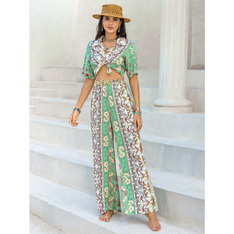 Printed Half Sleeve Top and Wide Leg Pants Set Apparel and Accessories