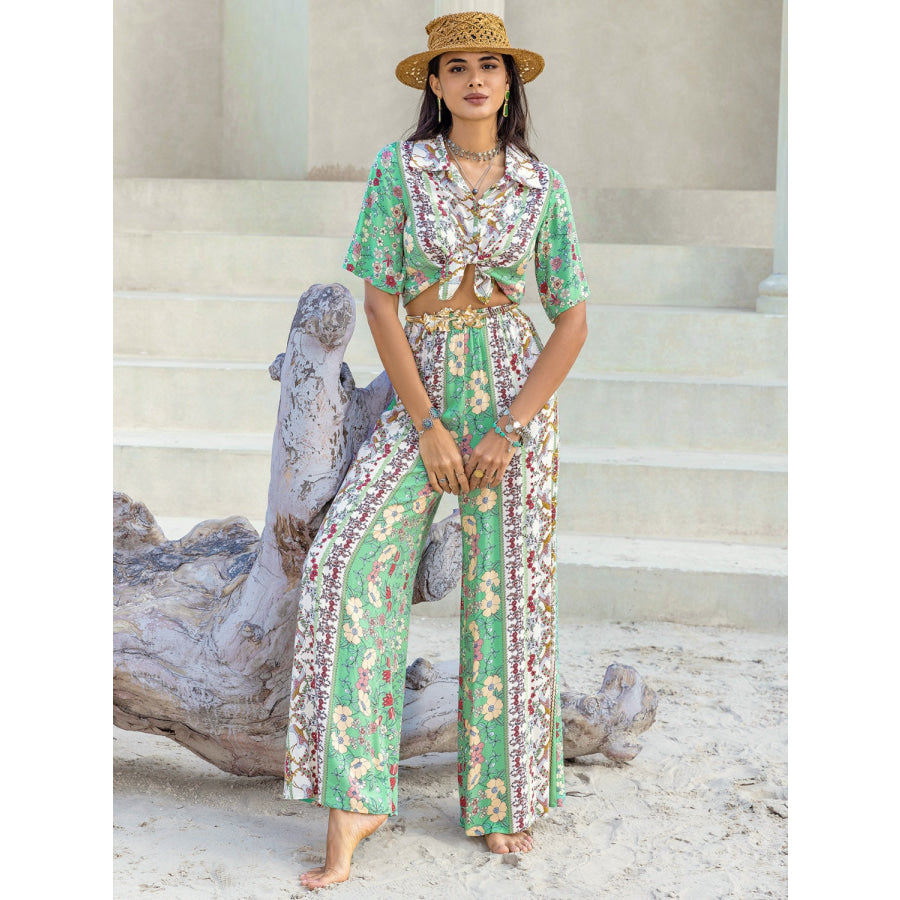 Printed Half Sleeve Top and Wide Leg Pants Set Apparel and Accessories