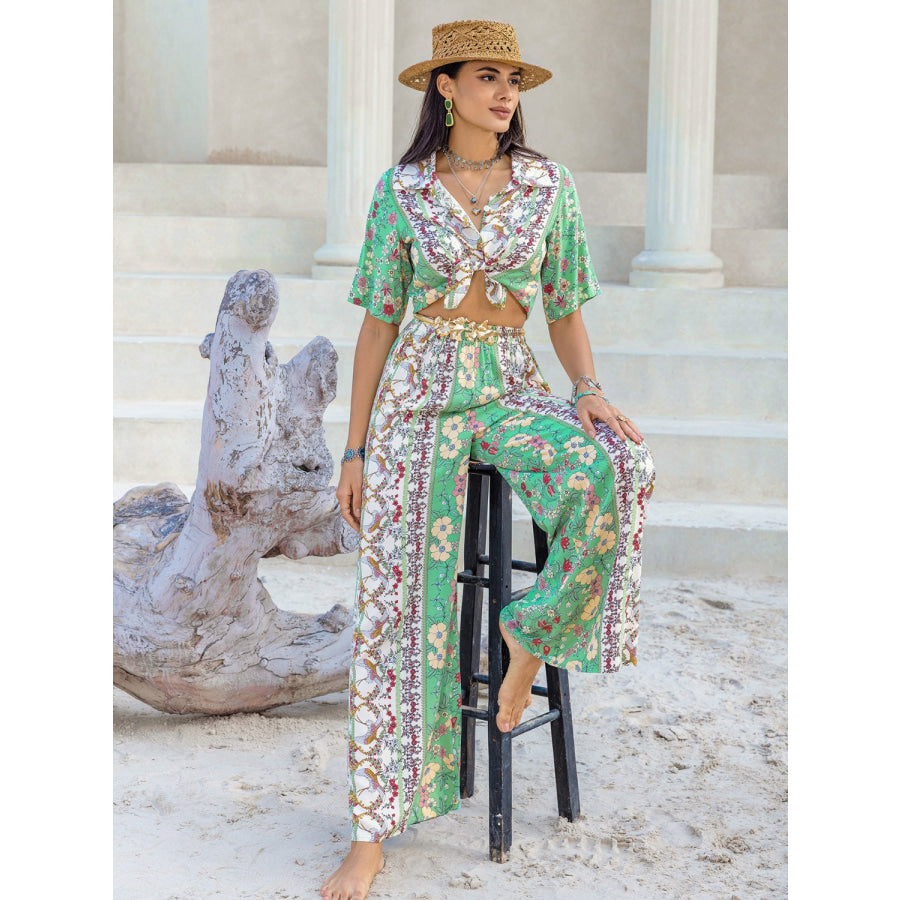 Printed Half Sleeve Top and Wide Leg Pants Set Apparel and Accessories