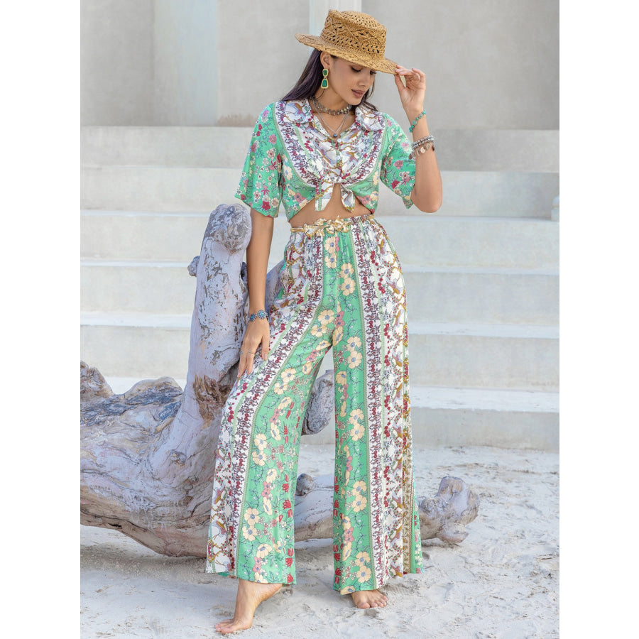 Printed Half Sleeve Top and Wide Leg Pants Set Apparel and Accessories