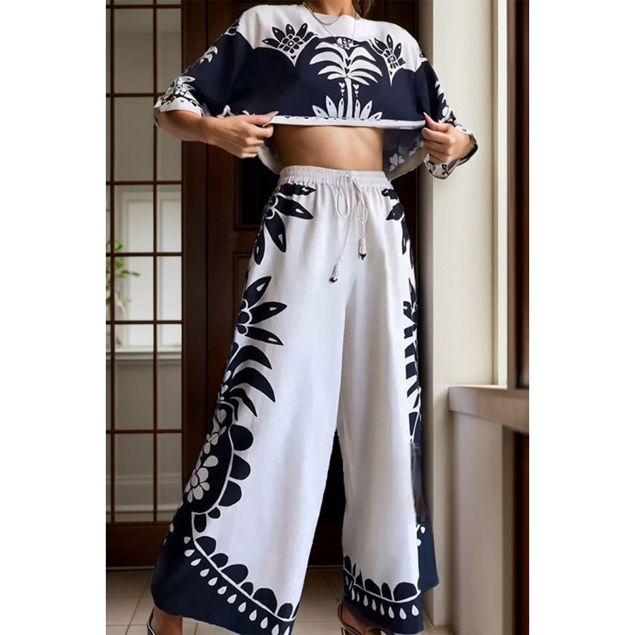 Printed Half Sleeve Top and Wide Leg Pants Set Apparel and Accessories