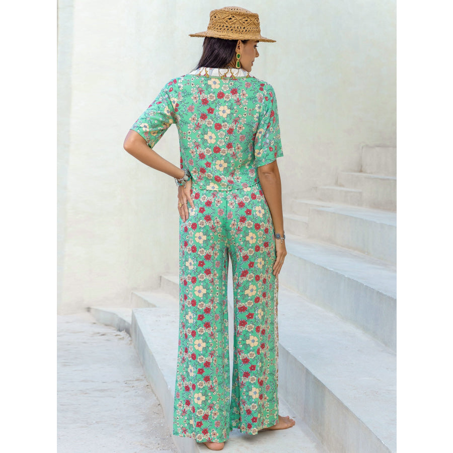 Printed Half Sleeve Top and Wide Leg Pants Set Gum Leaf / S Apparel and Accessories