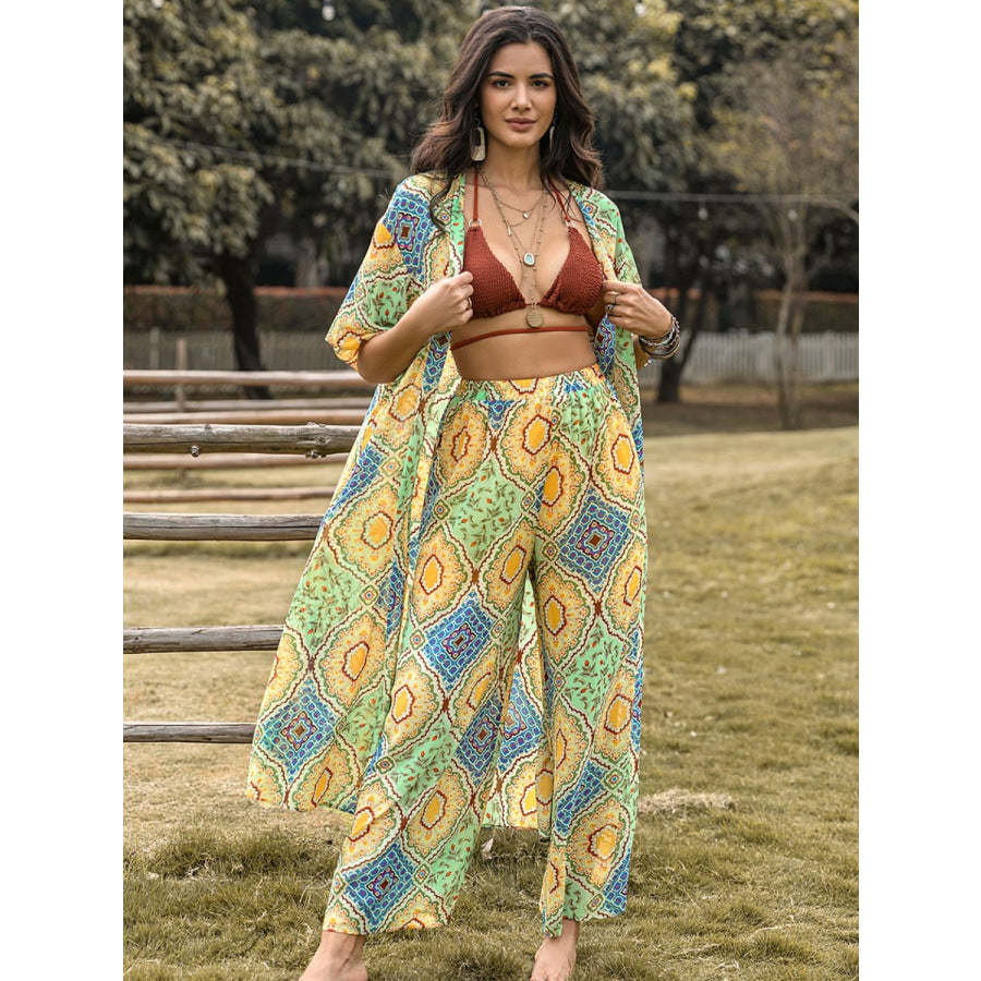 Printed Half Sleeve Top and Wide Leg Pants Set Gum Leaf / S Apparel and Accessories