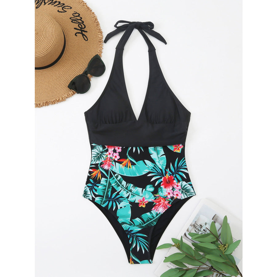Printed Halter Neck One-Piece Swimwear Black / S Apparel and Accessories