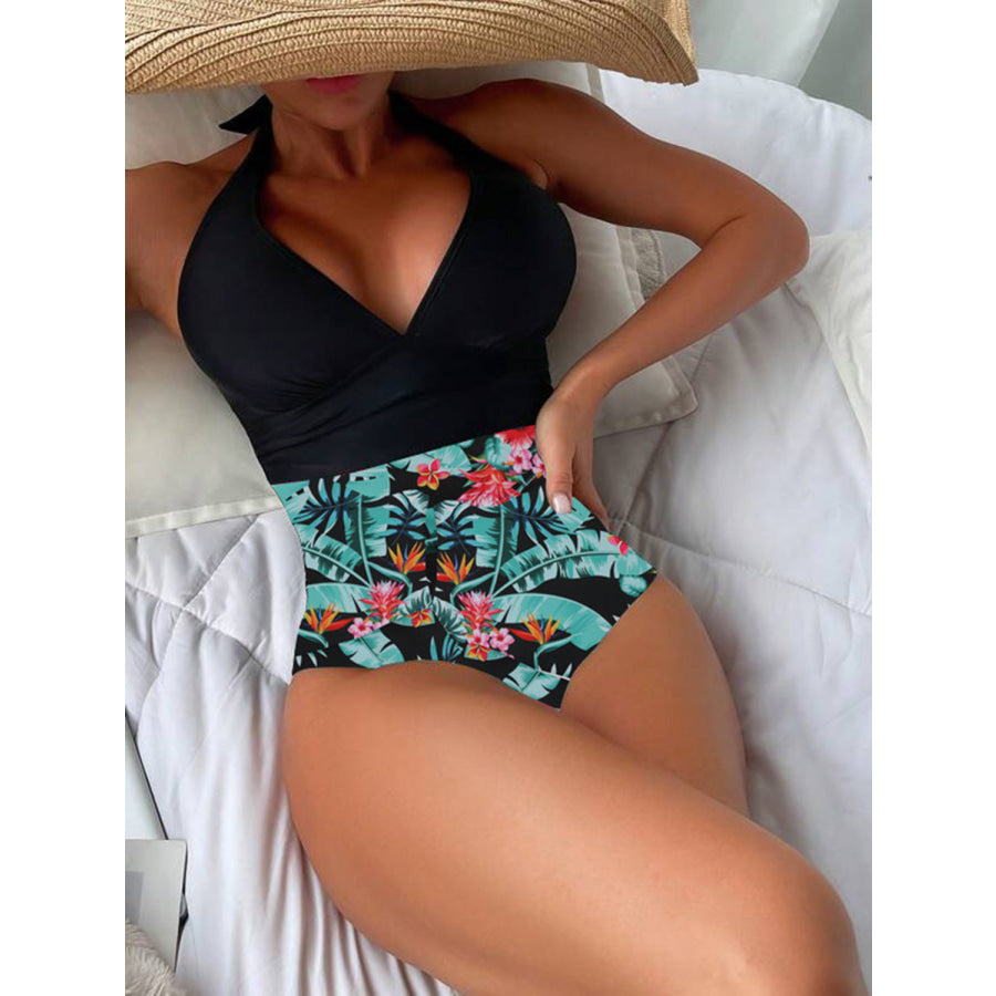 Printed Halter Neck One-Piece Swimwear Black / S Apparel and Accessories