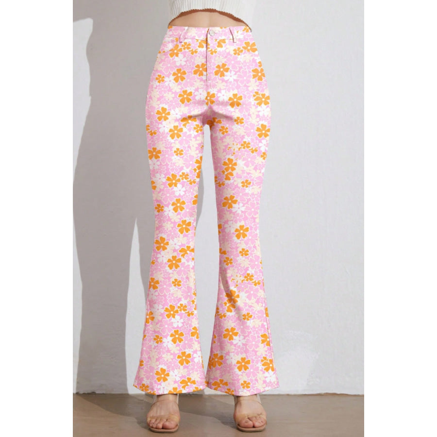 Printed High Waist Flare Pants with Pockets Apparel and Accessories