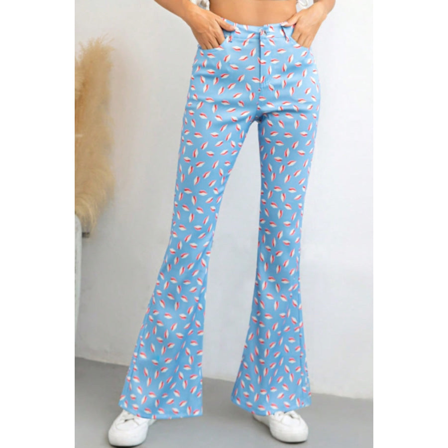 Printed High Waist Flare Pants with Pockets Apparel and Accessories