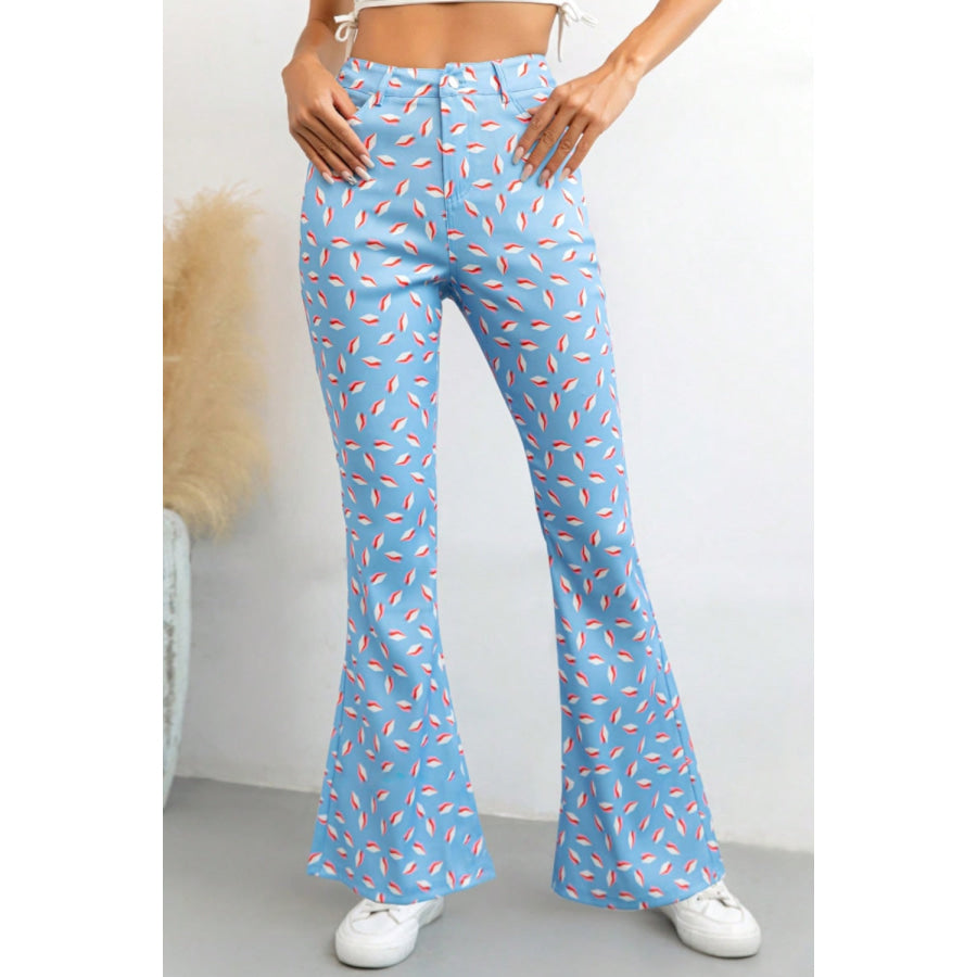 Printed High Waist Flare Pants with Pockets Light Blue / S Apparel and Accessories