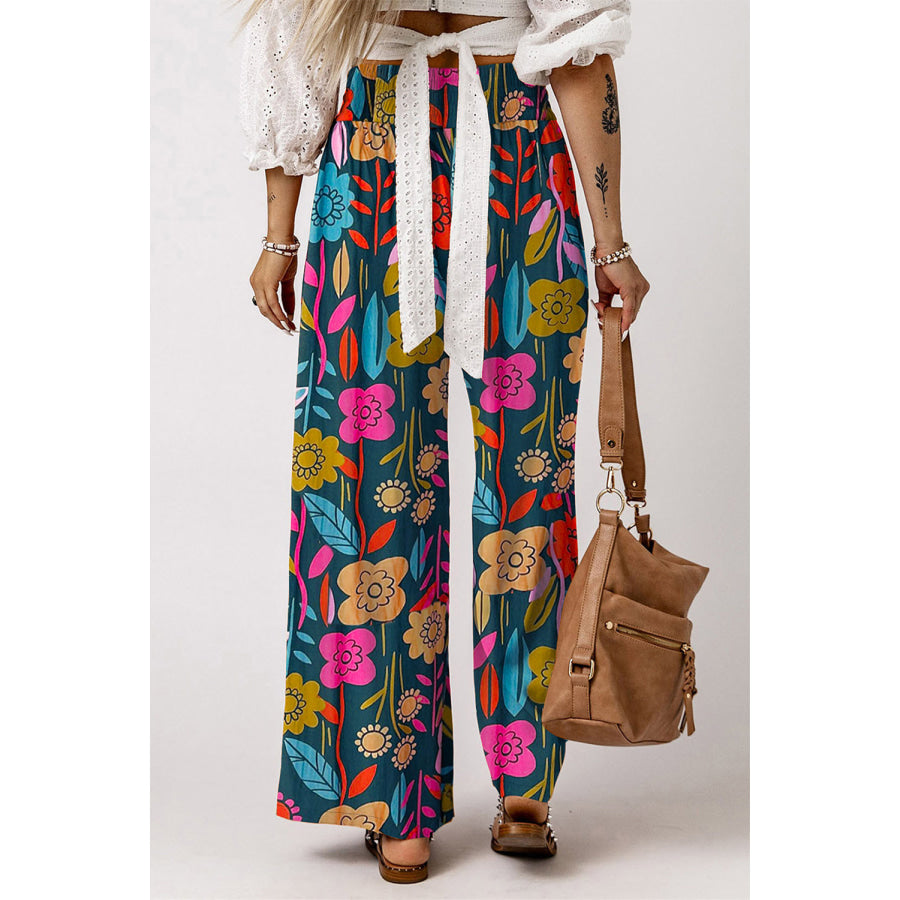 Printed High Waist Wide Leg Pants Multicolor / S Apparel and Accessories
