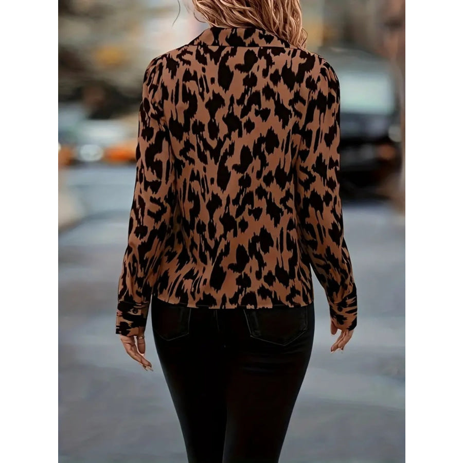 Printed Johnny Collar Long Sleeve Blouse Apparel and Accessories